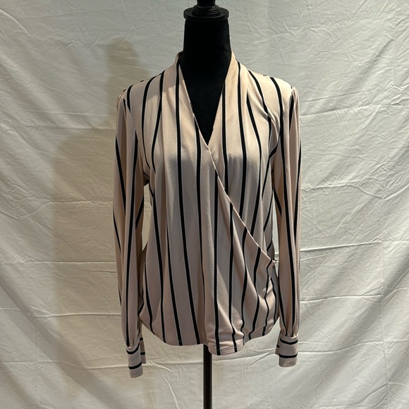 Adrianna Papell Long Sleeve Faux Wrap Striped Blouse - Picture 1 of 5